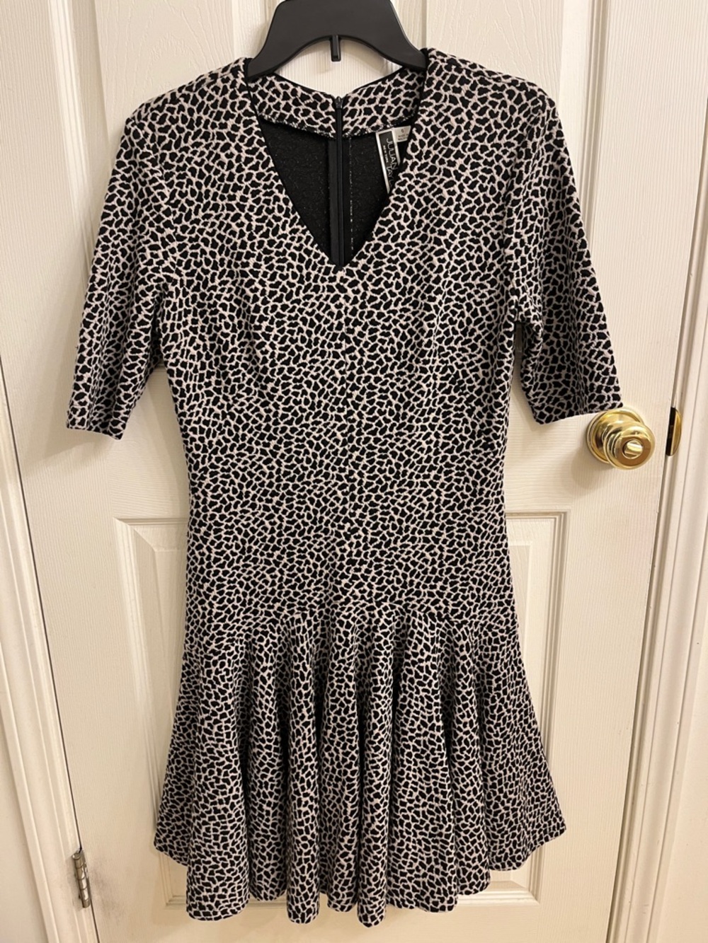 Julian Taylor Black and Cream Patterned V-Neck Drop Waist Midi Dress